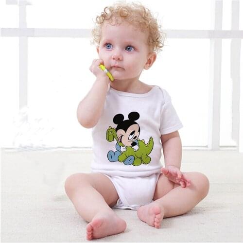 Newborn Baby Jumpsuit Summer White Mickey Printed Baby Kids Clothes Infant Toddler Dragon Kawaii Onesie Dropship