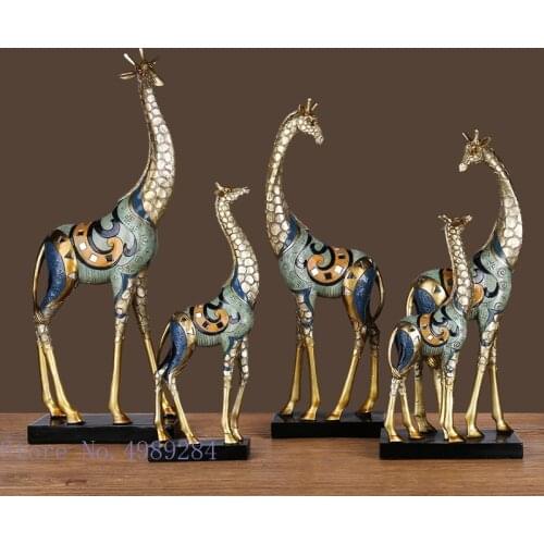 Simulation Animal Sculpture Giraffe Mother and Child Painted Animal Statue Modern Home Decoration Golden Handicraft Ornaments