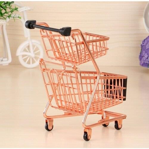 Simulation Supermarket Shopping Cart Figurines Wrought Iron Mini Double Shopping Children Play House Trolley Toy Home Decor