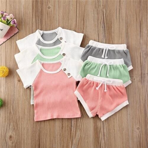 2020 Baby Summer Clothing Infant Kids Baby Boys Girls Knitted Cotton Clothes Top+Shorts Kids Girl Casual 2pcs Sets Outfits 0-30M