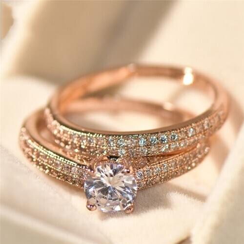 Luxury Solitaire Wedding Rings for Women Love Forever 925 Sterling Silver 18k Rose Gold Stacking Ring Set 2-in-1 Fine Jewelry