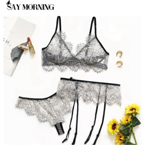 SAY MORNING Sexy Cross-belt Lingerie Sexy Bra Set 3PC Women Sexy Eyelash Lace Garter Pajamas Lingerie G-String Set