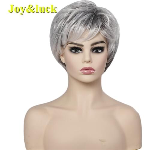 Joy&luck Short Wigs Black Ombre Grey Color Straight Synthetic Wigs for Women Cosplay Or Daily Use Hair Wigs