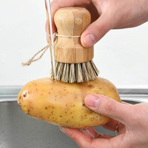 Pot Brush Bamboo Scrubber Round Mini Scrub Brush Natural Scrub Brush Wet Cleaning Scrubber for Wash Dishes Pots Pans Vegetables