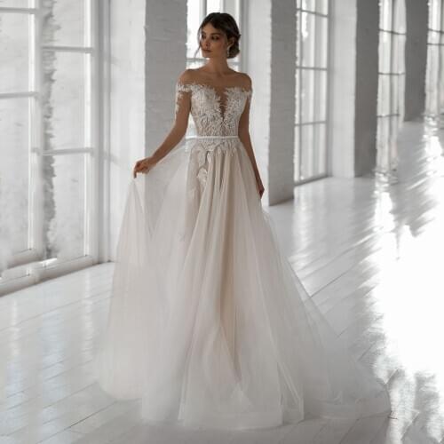 Illusion Long Sleeve Off Shoulder Boho A-Line Wedding Dresses Appliques Lace Custom Made Bridal Gowns Button Back 2020