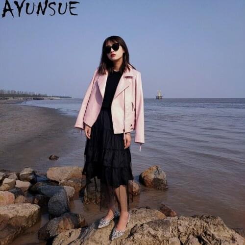 AYUNSUE Genuine Leather Jacket Women Short Streetwear Motorcycle Biker Jackets Korean Sheepskin Coat Spring Autumn Clothes 2021