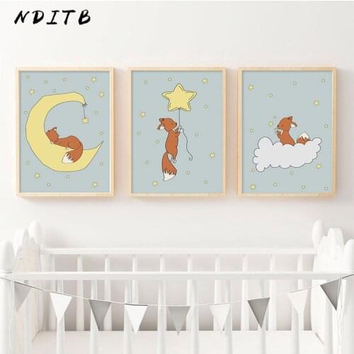Woodland Animal Fox Moon Canvas Poster Nursery Art Decorative Print Wall Painting Nordic Kids Decoration Picture Baby Room Decor