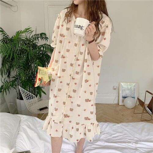 Cartoon Bear Summer Nightgown Korean Ins Kawaii Print Long Sleepwear Ruffles Casual Cotton Home Clothes Short Sleeve Homewear