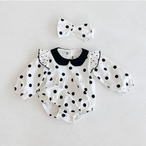 Cute Newborn Baby Girl Bodysuit Clothes Long Sleeve Peter Pan Collar Polka Dot Cotton Jumpsuit Body Suit Headband 2PCS Outfits