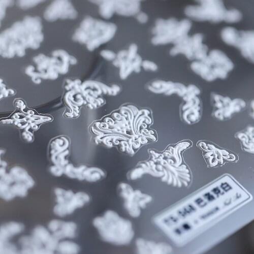 New 5D Engraved Nail Sticker Vintage White Color Flowers Image Charm Desgin Empaistic Nail Slide Decals Z0438