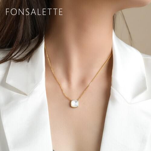 Trendy Square Mother of Pearl Pendant Necklaces for Women Sterling Silver White Natural Shell Necklace Dainty Jewelry