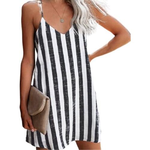 Sexy Women Sleeveless Mini Dress Summer Off Shoulder Black White Striped Print Dress 3XL Plus Size Spaghetti Strap Casual Dress