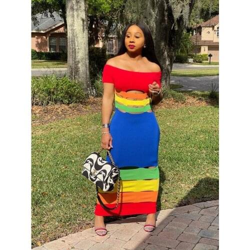 Off Shoulder Patchwork Geometric Print Dresses Womens Slash Neck Hollow Out Long Summer Vestidos Fashionable Basic Maxi Dress