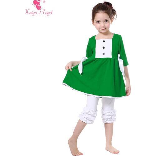 Kaiya Angel Christmas Outfits Kids Clothes Baby Fall Clothing Children Sets Green Dress Capris Ruffles 2 Pcs Suit Wholesale