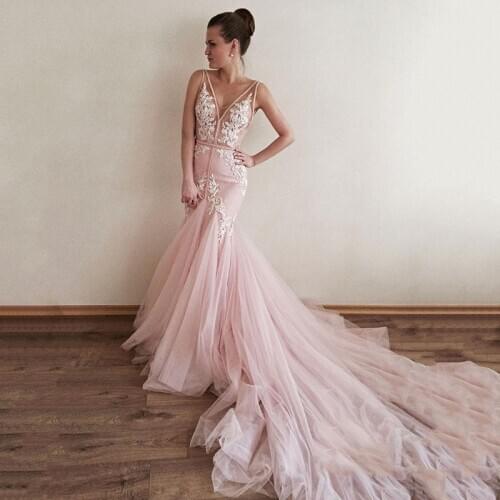 Smileven Pink Mermaid Prom Dresses Beaded Lack Backless Long Prom Party Gowns Elegant Formal Evening Dress