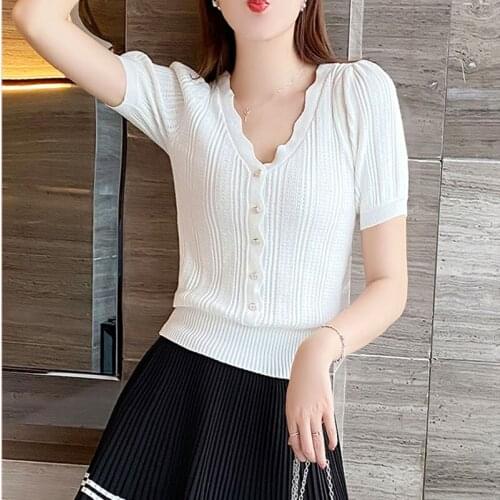 2021 Summer Korean Fashion White Single Breasted Ribbing Womens Tshirt Knitted Slim Tops Ropa De Mujer