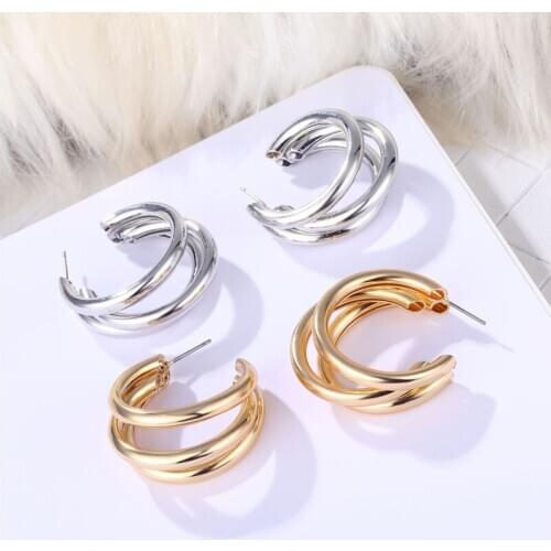 Lost Lady Gold Silver Color C shaped Hoop Earrings for Women Punk Metal Geometric Large Earrings Wholesale jewelry ZA Accessory
