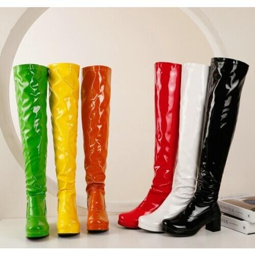 Patent PU Leather Women Over the Knee Boots Fashion Platform Thick Heel Ladies Long Boots Party Women Winter Shoes Green Yellow