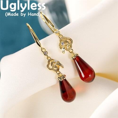 Uglyless Like Blood Drops Natural Blood Red Amber Earrings for Women Hollow Gold Flowers Earrings 925 Silver Turquoise Brincos
