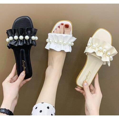 Plus Size Pearl Ruffles Womens Slippers 2021 Summer Women Flip Flop Summer Shoe Korean Style Ladies Beach Bottoms Woman Shoes