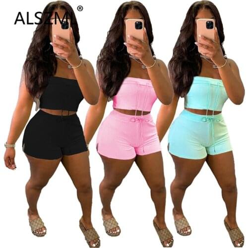 Women Suit Strapless Crop Top And Shorts Set Summer Solid 2 Pieces Tracksuit Matching Set