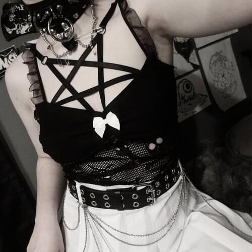 AltGirl Mall Goth Mesh Camis Women Aesthetic Fairy Grunge Lace Patchwork Strapless Crop Tops Emo Alt Y2k E-girl Gothic Outfits