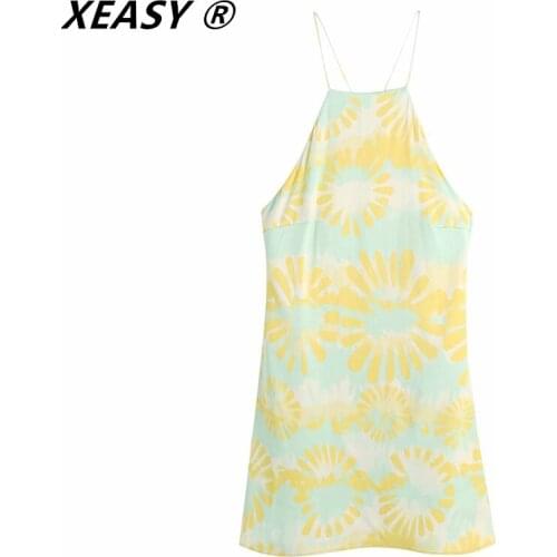 XEASY Za Women 2021 Summer Dress Yellow Print Halter Short Dresses Sexy Cross Backless Strap Mini Dress Beach Sundresses