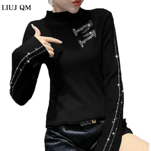 Winter Tshirt New Plus Size Half High Collar Hot Rhinestone Knitted Sweater Women Korean Fashion Long-sleeved Slim Bottoming Top