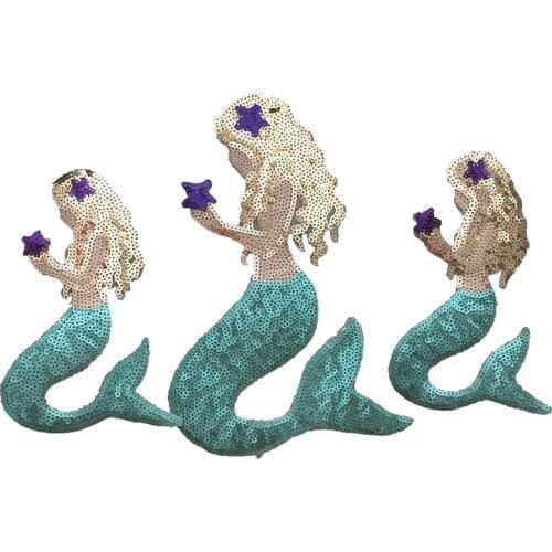 1 Set( 1 Large+2 Small)Mermaid Sequined Iron on Patches for Clothes Bags DIY Sewing Large Sea-maid Sequins Applique Patch