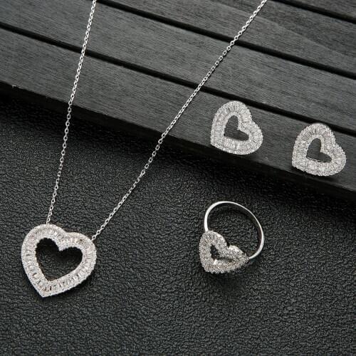 AAA Zircon Heart shape Pendant Necklace Earring Ring Dubai Bridal Jewelry Sets For Women Wedding brincos para as mulheres D1191