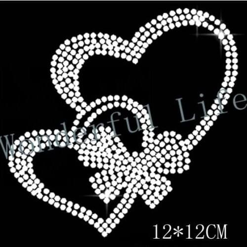 Free shipping double heart love design Clear Crystal DIY strass hotfix Rhinestone applique Pattern motif Iron On Heat transfer