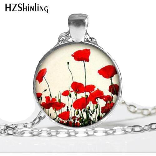 Field Of Flowers Pendant Necklace Red & White Flower Jewelry Nature Pendant Glass Cabochon Necklace Jewelry HZ1