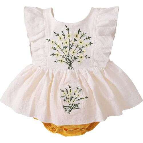 Baby Girl’s Sweet Ruffles Fly Sleeve Romper Fashion Flower Embroidery Backless Jumpsuits 0-12M