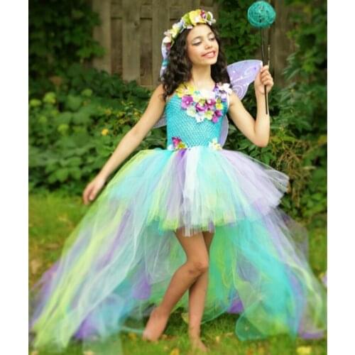 Girls Fairy Flower Petals Tutu Dress Kids Teal Crochet Evening Trailing Dress Ball Gown Children Birthday Party Costume Dresses