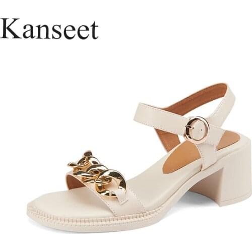 Kanseet Women Thick Heels Sandals Real Leather High Heels Shoes Cow Leather Chain Round Toe Shoes Ladies Black Beige 2021 33-41