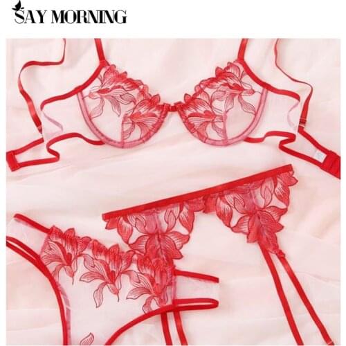 SAY MORNING 3-Piece Floral Embroidered Bra Set Female Transparent Bra Panties Sexy Underwear Set