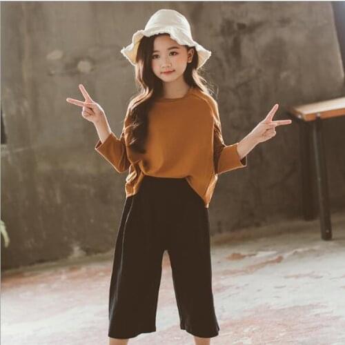 Girls Clothing Sets Summer Fashion Girls Causal Pure Color Cotton T-shirt+Wide Leg Pants 2Pcs Sets Girls Clothes Outfits Suits