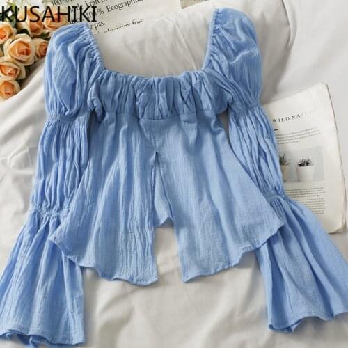 KUSAHIKI Irregular Split Womens Tops Korean Folds Off Shoulder Flare Sleeve Blouse Shirt Summer 2021 Fashion Blusas Mujer 6K297