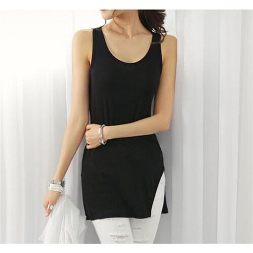 Summer Tank Top Women Sleeveless Side Split Long Vest Ladies White / Black Casual Shirt Women Tops Summer Solid Casual Vest