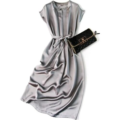 Material New Rare good 30 mu m blockbuster real silk crepe satin temperament of grey collar belt dress