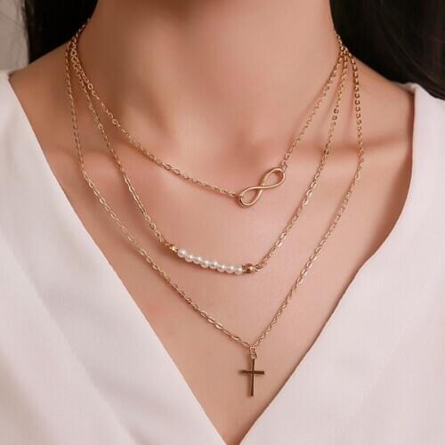 Fashion Women Multi layer Necklace 8-word Pearl Multilayer Necklace Cross Pendant Clavicle Chain