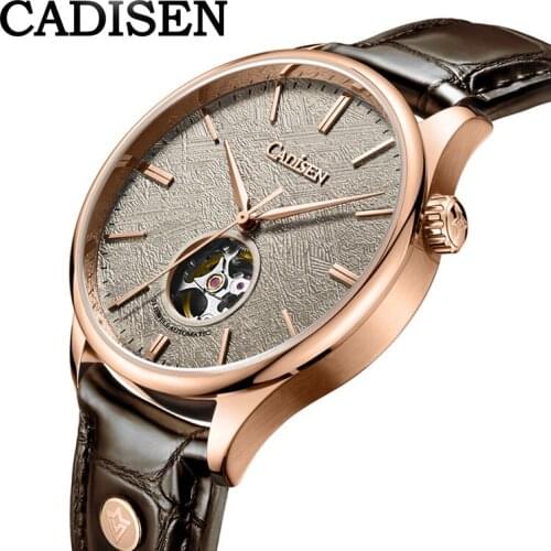 CADISEN Men Mechanical Wristwatches Meteorite Dial MIYOTA 82S0 Watch Italian Leather Sapphire Automatic Hollow out Watches Mens
