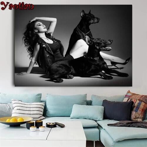 2021 New diamond painting Doberman and woman cross stitch 5d diy diamond embroidery full Square round diamond mosaic girl