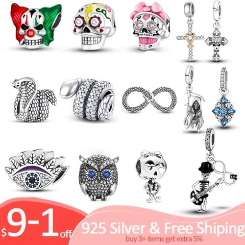 Skeleton Charm 925 Sterling Silver Halloween Gift Skull Charms Snake CZ Beads fit Pandora Bracelet Necklace 925 Original Jewelry