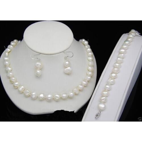Charming 9-10mm white Freshwater Baroque pearl Necklaces Bracelet earring Set