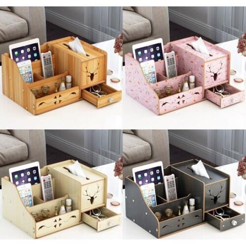 Makeup Organizer Wood Tissue Organizer Cosmetic Jewelry Storage Tray With Drawers For Bathroom