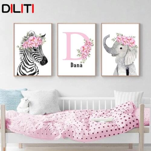 Personalised Pink Floral Letter name Nursery print Poster cartoon Baby Animal Canvas Painting for Girl Bedroom Wall Art Decor
