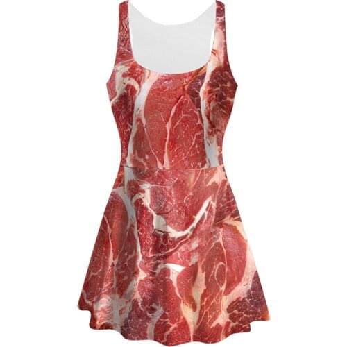Woman Sashimi Sliced Meat 3D Print A-line Sleeveless Dress for Women Girls Halloween Cosplay Costumes Party Sexy Pleated Dresses