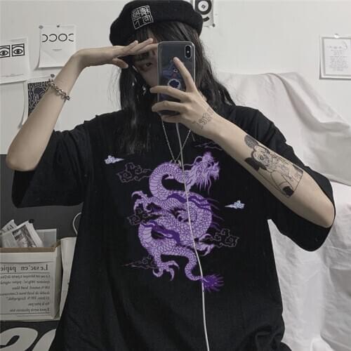 Purple Dragon Woman Cotton Harajuku Dragon Kpop Ropa Mujer Tops Aesthetic Vintage Femme T-shirts Korean Style Oversized T Shirt