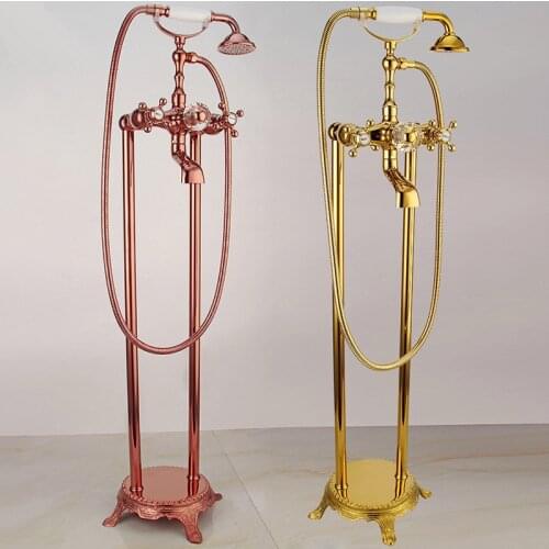 Bathtub Faucet Brass Bathtub Mixer Tap With Hand Shower Floor Standing Style Dual Handle Golden Bathroom Bath Shower Faucet Set